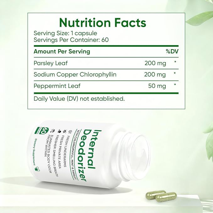 Internal Deodorizer - Breath Freshening, Body Deodorizing Supplement with Chlorophyll, Mint & Parsley, Chlorophyll Deodorant Capsules for Body Odor, Bad Breath, 60 Count