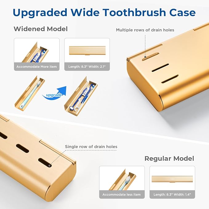 Wider Aluminum Toothbrush Travel Case, Portable Travel Toothbrush Holder, Durable Manual Toothbrush Box Container for Traveling, Bathroom, Camping, Business Trip-Not for 0.85oz Toothpaste, Gold