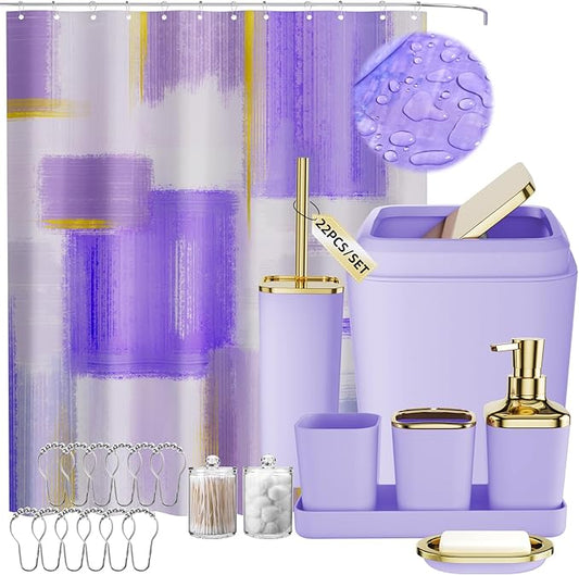 Purple Bathroom Accessories Set, Bathroom Sets with Shower Curtain, Purple Bathroom Accessories with Trash Can, Soap Dispenser, Soap Dish, Toilet Brush Holder, Qtip Holders for Bathroom