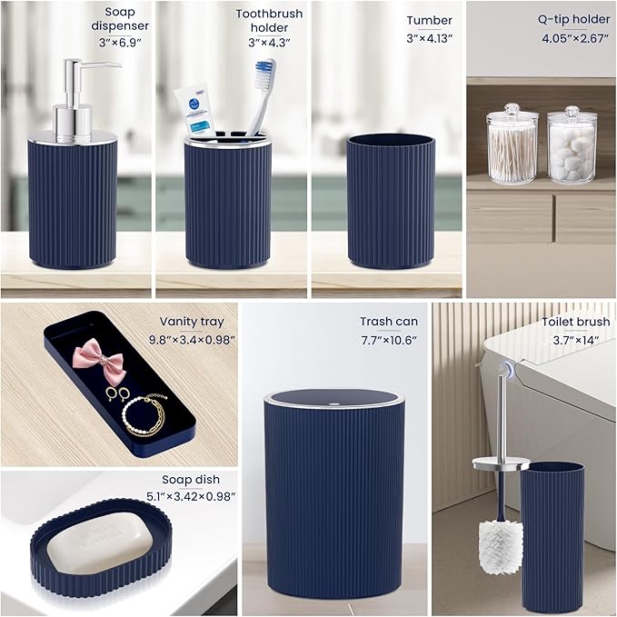 Navy Blue Bathroom Accessories Set, 10PC Bathroom Set, Bath Accessory with Pop Up Trash Can, Soap Dispenser, Toilet Brush, Toothbrush Set Qtip Holders & Tray