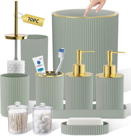 Sage Green Bathroom Accessories Set, 10PC Bathroom Set, Bath Accessory with Pop Up Trash Can, Soap Dispenser, Toilet Brush, Toothbrush Set Qtip Holders & Tray