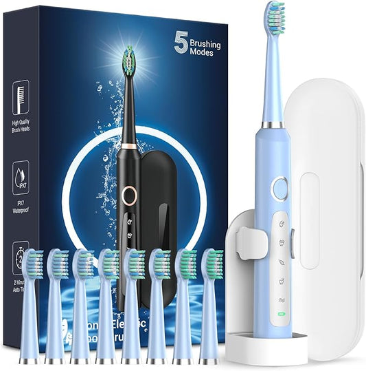 Rtauys M5 Sonic Electric Toothbrush for Adults and Kids - Rechargeable Electric Toothbrush Kids Ages 12+ and Adults with 8 Brush Heads & Travel Case, 120 Days Battery Life - Light Blue