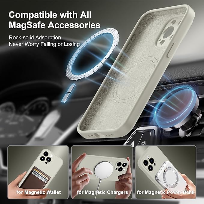 Magnetic for iPhone 15 Pro Case, Compatible with MagSafe, with 9H Nano Screen Protectors, Full Camera Protection, Silicone Shockproof Microfiber Lining Phone Case 6.1", Stone