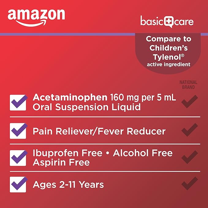 Amazon Basic Care Children's Pain and Fever, Acetaminophen 160 mg per 5 mL Oral Suspension, Grape Flavor, 8 fl oz