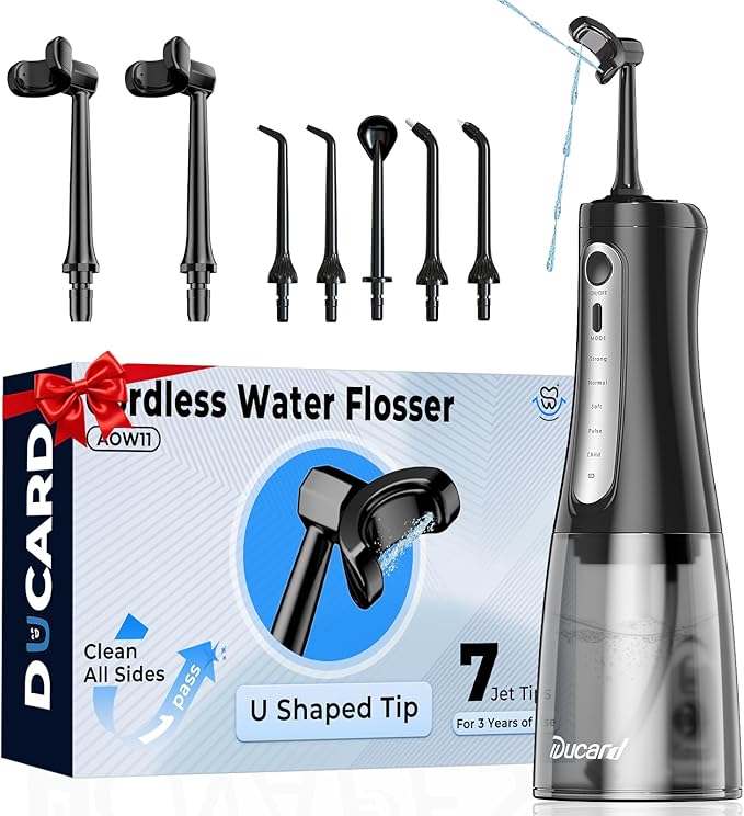 Cordless Water Flosser for Teeth, U-Shaped Flossing 360° Deep Clean, 5 Modes 7 Jet Tips for Adult & Child, Portable Rechargeable Dental Flosser Pick for Braces, Travel, 350ML Large Tank