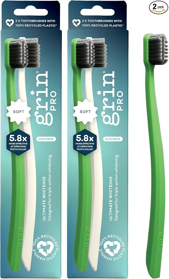 Grin Pro Ultimate Whitening Toothbrush, Soft, 2 Count (Pack of 2), Designed for Triple-Action Whitening, 100% Recycled Plastic Handle