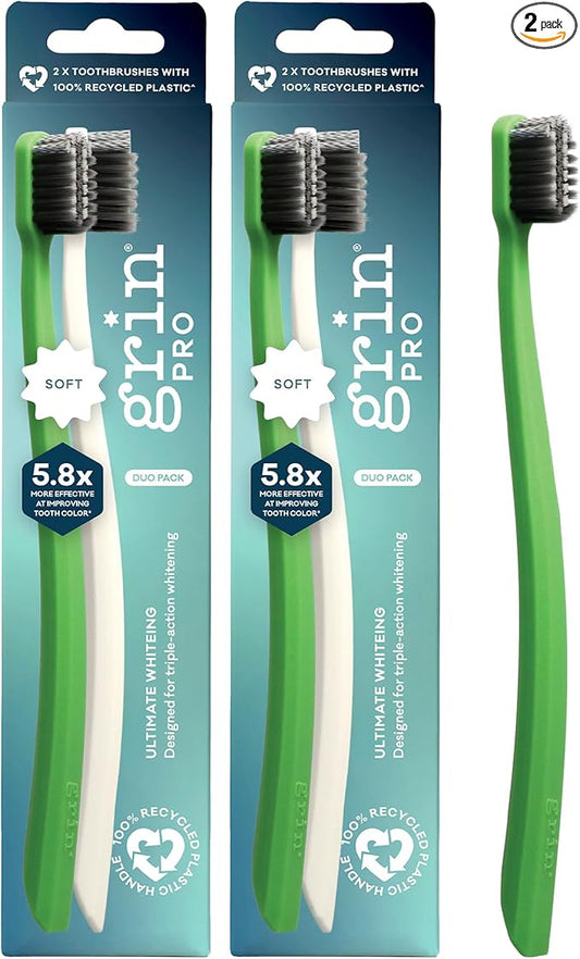 Grin Pro Ultimate Whitening Toothbrush, Soft, 2 Count (Pack of 2), Designed for Triple-Action Whitening, 100% Recycled Plastic Handle