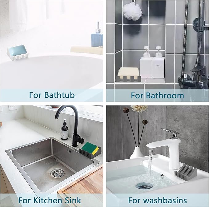 Self Draining Soap Dish,Silicone Suction Cup Soap Holder, Bathroom Soap Dish for Bar Soap,Can Extend Soap Life,Bathroom, Bath Tub, Kitchen Sink (2, Grey)