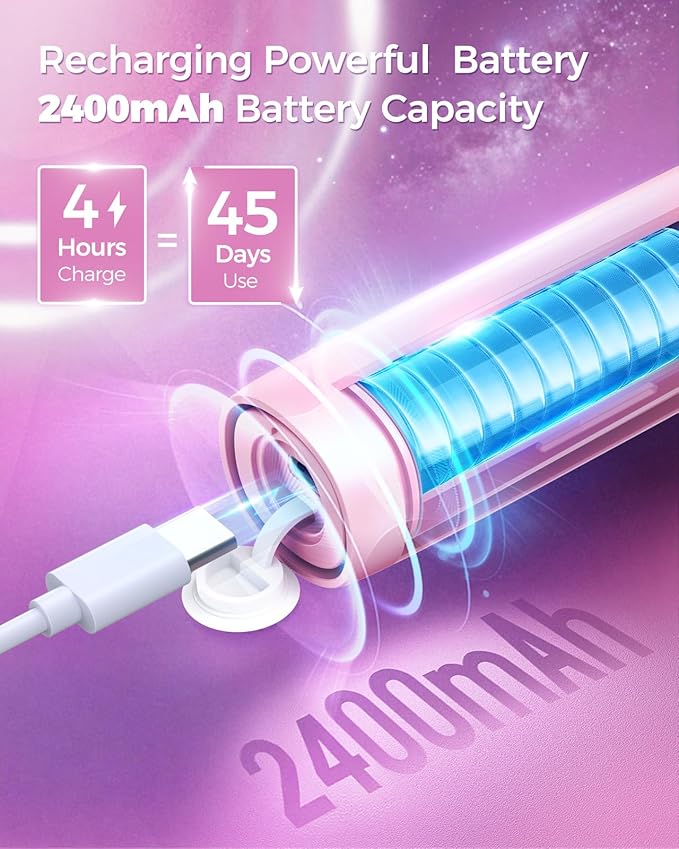 Rotating Electric Toothbrush with 8 Brush Heads for Adults and Kids, 3 Modes Rechargeable Power Toothbrush with 2-Minute Smart Timer, 45-Day Battery, Pink
