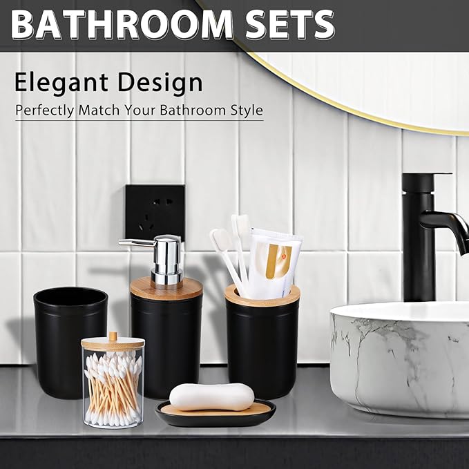 iMucci Bathroom Accessories Set 5Piece Black Bathroom Sets, Toothbrush Holder, Toothbrush Cup, Lotion Soap Dispenser, Soap Dish and Qtip Holder Bathroom Decor