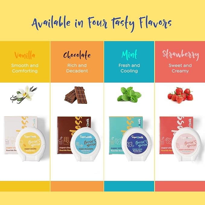 SuperMouth® Fluoride Floss – Patented Expanding Floss Removes 40% More Plaque, Nano-Hydroxyapatite, Vitamins D3 & K2, Xylitol, No Forever Chemicals, Strengthens Enamel & Gums – 4 Flavor Options