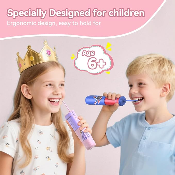 JTF Kids Water Dental Flosser: Rechargeable Portable Oral Irrigator with 4 Flossing Modes 230ml Tank 4 Tips Travel Bag Waterproof Stickers, Cordless Electric Flossers for Teeth Gum Braces Care, Age 6+