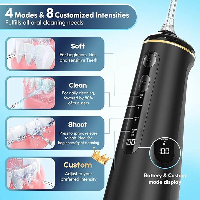 Water Flosser for Teeth, Cordless Oral Irrigator Portable Dental Cleaner Picks with 8 DIY Modes 7 Jets 300ml Tank Braces Flossers Rechargeable (Black)