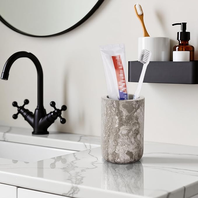 Natural Marble Toothbrush Holder for Bathroom Countertop Toothbrush Makeup Brush Holder for Bathroom,Toothpaste Organizer,Razor Stand,Anti-Slip Rubber Pad (NS043)