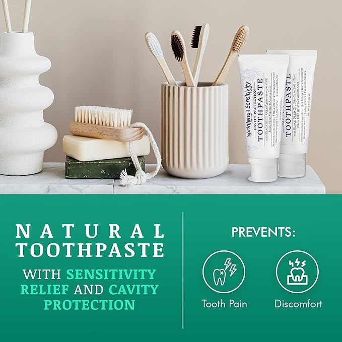 SprinJene Natural Toothpaste + Sonic Toothbrush - Cavity Protection for Sensitivity Relief of Teeth and Gums with Fluoride, Fresh Breath, Helps Dry Mouth - Vegan, Dye-Free, and SLS Free Toothpaste