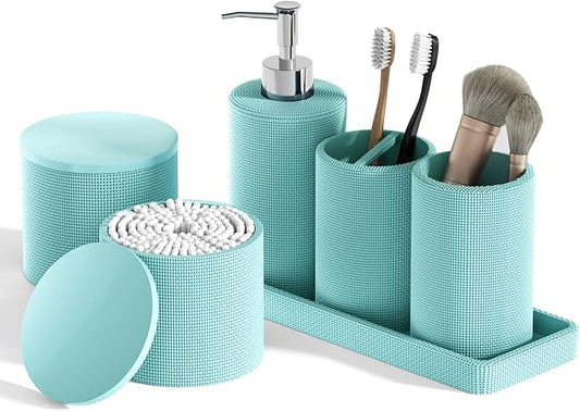 6-Piece Teal Blue Bathroom Set - Mesh Textured Resin Bathroom Accessories Set with Soap Dispenser, Toothbrush Holder, Cup, Vanity Tray & Apothecary Jars for Small Spaces