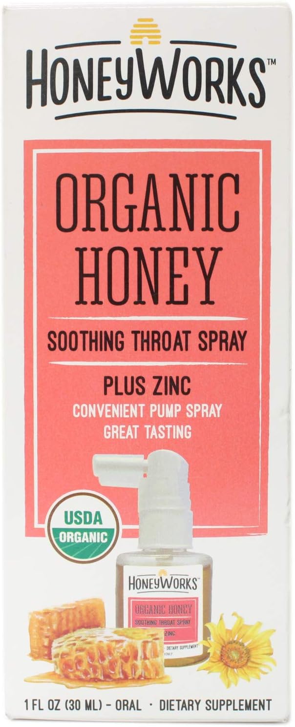 HoneyWorks Adult Throat Spray for Sore Throat Relief, 1 Oz, Soothing Non-GMO USDA Organic Dark Honey + Zinc, Fast-Acting Relief, Ages 12 Years+