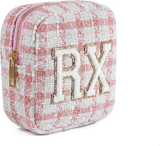 Small Medicine Bag for Travel, Personalized RX Chenille Letters Checkered Pouch for Women and Girls, Cute Meds Drug Makeup Bags with Zipper (02Pink Checkered)