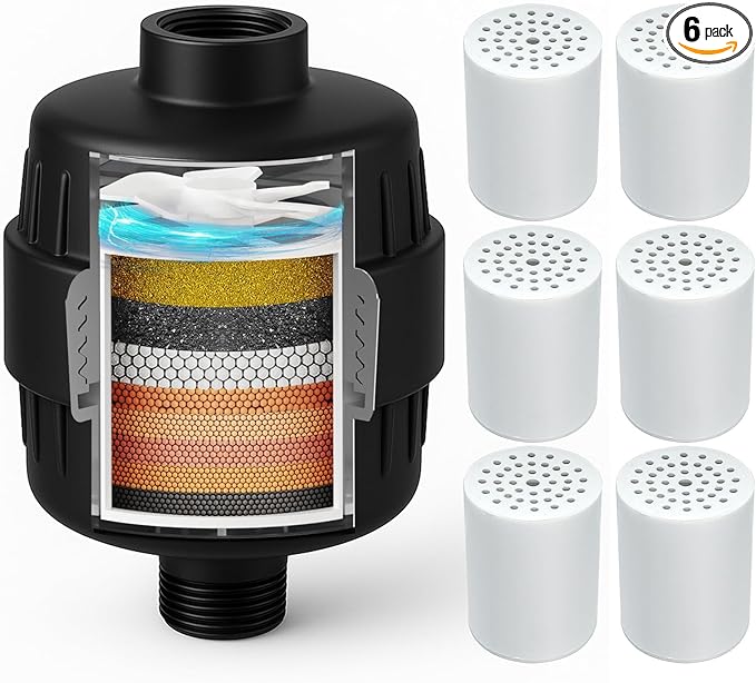 Yodel Shower Filter with 6 Cartridge Matte Black - Hard Water Softener, 99% Removes Chlorine & Impurities, Improves Skin & Hair Condition, Universal Fit for Shower Heads