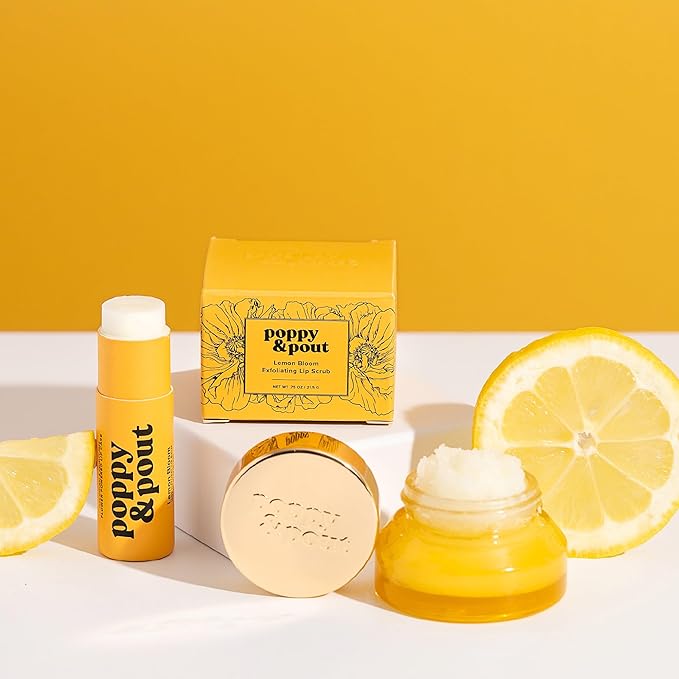 Poppy & Pout Lip Care Set | Lip Balm & Scrub | Sustainable Cardboard Tubes & Glass Jars, All Natural, Beeswax, Coconut Oil, Cruelty Free, Exfoliating & Moisturizing Lip Treatment (Lemon Bloom)