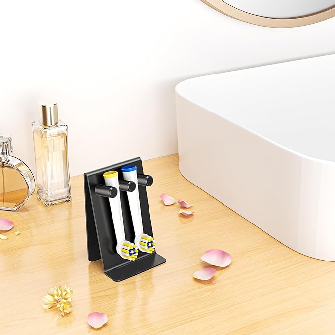 Electric Toothbrush Head Holder, Self Adhesive or Desktop Tooth Brushing Holder, Wall Mounted Toothbrush Holders Shower Bathroom, Tooth Brush Holder Organiser (Black, Small)