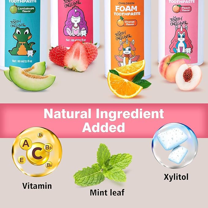 NOHOO Fluoride Free Foam Toothpaste Kids Fruit Flavour,Natural Training Toothpaste for Baby Toddler Children Oral Cleaning and Cavity Protection(Peach + Cantaloupe)