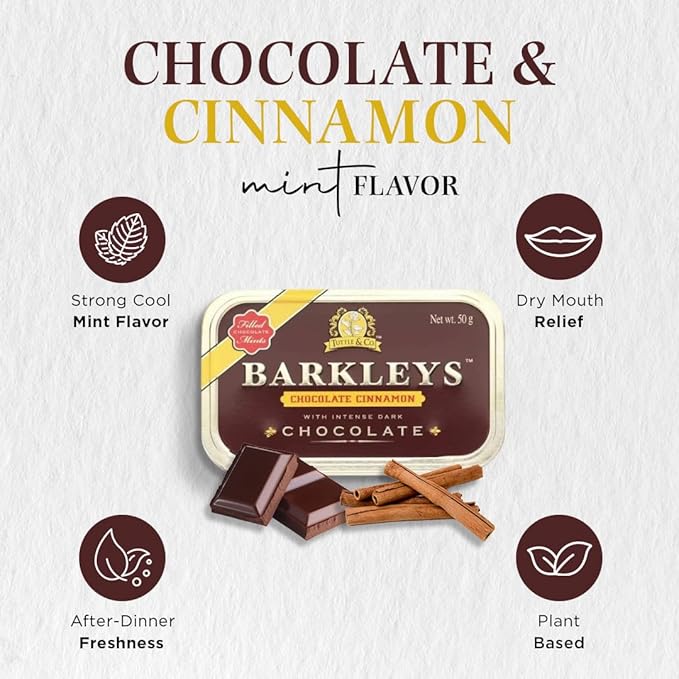 Barkleys Gourmet Chocolate & Cinnamon Breath Mints - Strong Chocolate Cinnamon Flavor for Party, After Dinner, Wedding, Every Day Use-Vegan Mints In Reusable Classic Travel Tins, 6 Pack - 50 Count Each