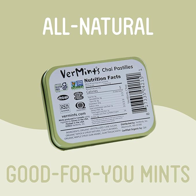 VerMints Organic Breath Mints - Real, Lasting Chai Flavored Pastilles - Breath Fresheners in Travel Mint Tins - Non-GMO, Nut Free, Gluten Free, Kosher & Vegan Candy - 1.41oz (Pack of 6)