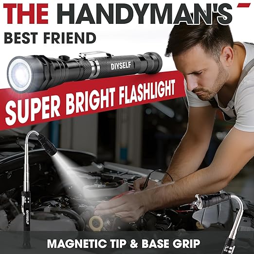 DIYSELF Telescoping Magnetic Pickup Tool, Inspection Mirror, Telescoping Magnet, LED Flashlight, 360 Swivel, Magnet Tool, Flexible Magnet Pickup Tool for Men, Cool Gifts for Dad, Husband, 5-in-1 Set