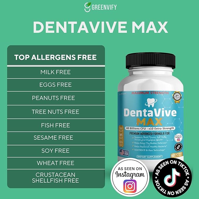 DentaVive Max Probiotic Supplement, 40 Billion CFU, 60 Capsules, Premium Oral Health Support for Teeth, Gums, Digestive Health (1)