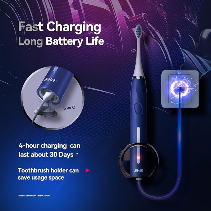 SEAGO Electric Toothbrush with 8 Soft Bristle Heads for Adults, Pressure Sensor, 5 Modes with 2 Minutes Build in Smart Timer, Rechargeable Travel Toothbrush with Brush Hold and Travel Case(2752Blue)