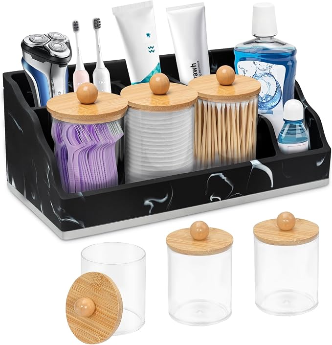 Bathroom Counter Organizer, Black Marble Toothbrush Holders for Bathrooms Organizer Countertop with 3PCS Qtip Holder, Toothbrush and Toothpaste Holder for Bathroom Organization Storage Vanity