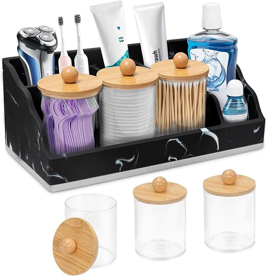 Bathroom Counter Organizer, Black Marble Toothbrush Holders for Bathrooms Organizer Countertop with 3PCS Qtip Holder, Toothbrush and Toothpaste Holder for Bathroom Organization Storage Vanity