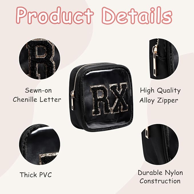 Small Chenille Letter Clear Medicine Makeup Bags,Nylon PVC Waterproof Rx Pouch with Metal Zipper, Cute Drug First Aid Travel Organizer for Women Girls(05Black)