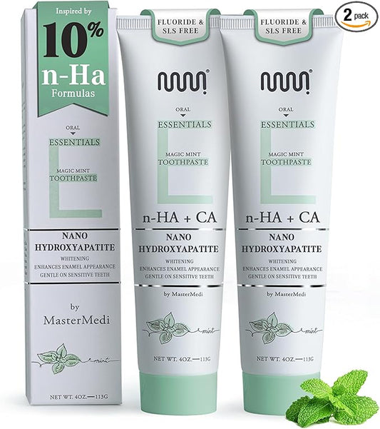 MasterMedi Nano Hydroxyapatite Toothpaste (Inspired by 10% nHA Formulas), Fluoride-Free, Whitening, Sensitive Teeth Care, Enamel Support, SLS Free, Xylitol, Magic Mint, 4 Oz (Pack of 2)