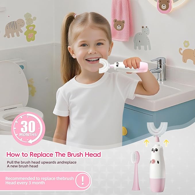 Kids U-Shaped Electric Toothbrush with 2 Brush Heads, Toddlers Sonic with 360 Degree Cleaning, Soft Bristles, Battery Included, IPX7 Waterproof, Cute cartoon for Girls and Boys, Ages 8-13 (Pink)