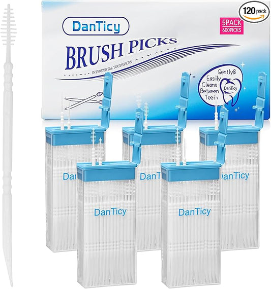 Brushpicks Interdental Toothpicks,Soft Bristle Dental Floss Picks Toothpicks,Helps Removes Plaque and Debris Between Your Teeth 600PCS (Pack of 5)