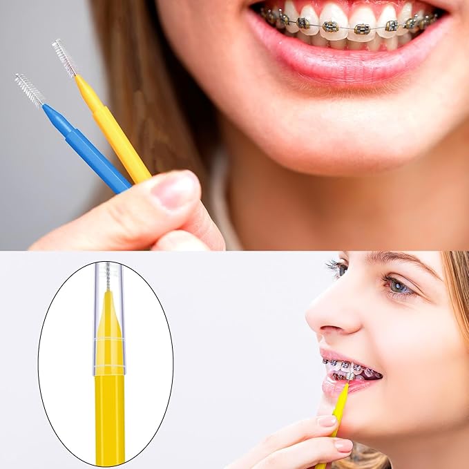 Patelai 100 Pieces Braces Brush for Cleaner Interdental Brush Toothpick Dental Tooth Flossing Head Oral Dental Hygiene Flosser Toothpick Cleaners Tooth Cleaning Tool(Blue, Yellow,Multiple Sizes)