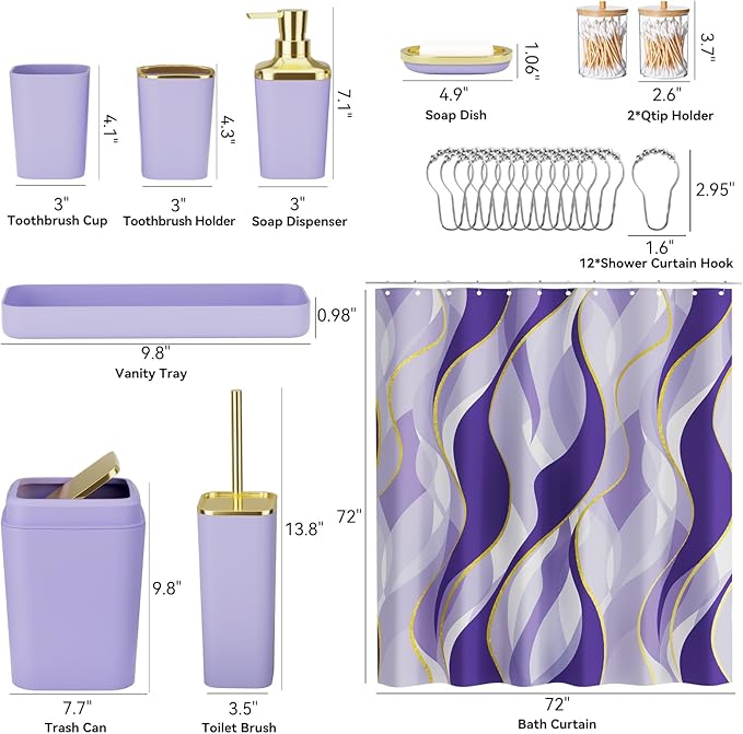 Purple Bathroom Accessories, Bathroom Sets with Stripe Shower Curtain, Purple and Gold Bathroom Accessories Set with Trash Can, Soap Dispenser, Soap Dish, Qtip Holders for Bathroom