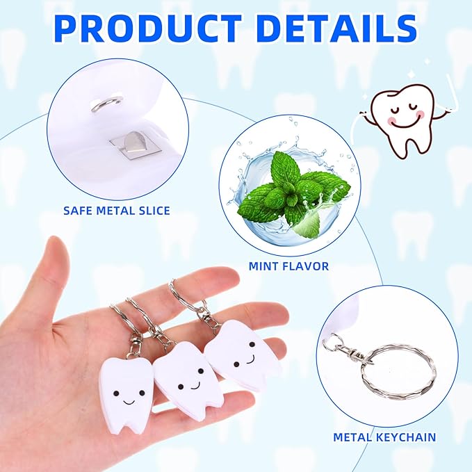 Landical 96 Pcs Mini Dental Floss Keychain Bulk Tooth Shaped Portable Teeth Floss Cleaning for Homeless Party Favors Travel Donated Gifts Teeth Cleaning Oral Care Mint Flavor 15 M /16. 4 Yard