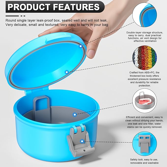 Leak Proof Denture Bath Case, Travel Denture Cup for Soaking Dentures & Retainer, Retainer Cleaner Case, Round False Teeth Container, Sky Blue + Silver Gray.