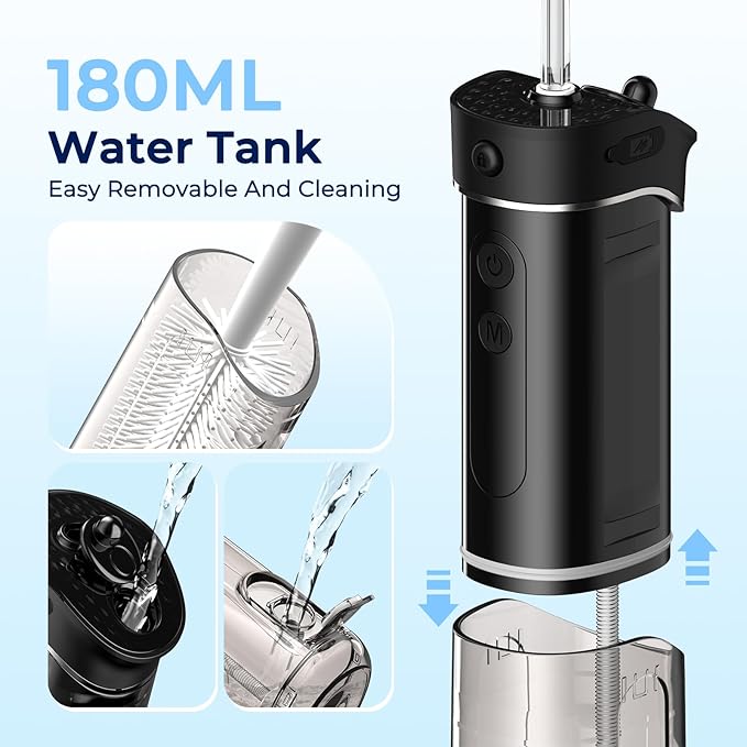 Portable Travel Water Flosser for Teeth – FOMIS Mini Water Flosser with 5 Mode, 5 Nozzles, 180ML Collapsible Tank, Smart Timer, IPX7 Waterproof Cordless Oral Irrigator for Brace & Sensitive (Black)