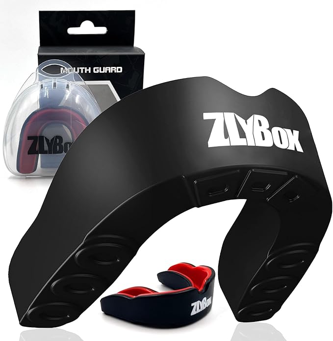 Dual-Layer Sports Mouth Guard for Adults & Youth with Case - Dental Protection for Boxing, Football, MMA, Hockey, Basketball, Lacrosse & All Contact Sports (Black red)