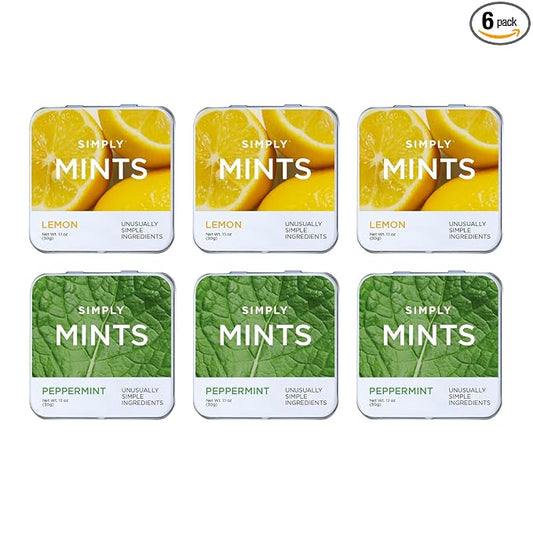 SIMPLY Mints | Peppermint & Lemon Breath Mints Variety Pack | Pack of Six (180 Pieces Total) | Zesty & Refreshing + Aspartame-Free + Vegan + non-GMO