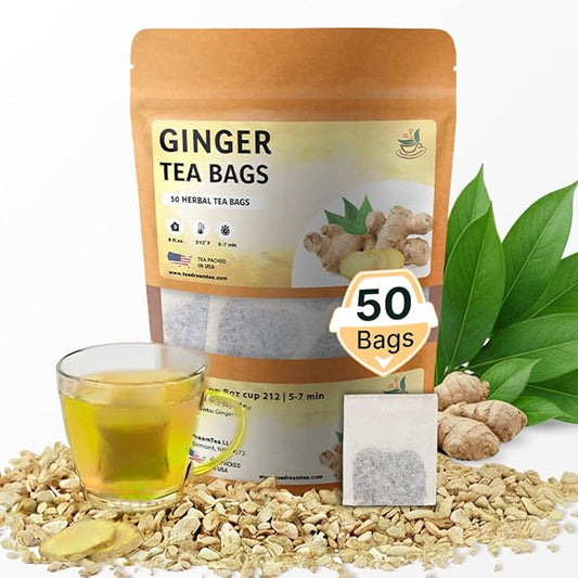 TeadreamTea Ginger Tea Bags - 50 Bleach-Free Tea Bags | Caffeine Free, Antioxidant, Calms Upset Stomach - Strengthen Immune System - Herbal Ginger Tea