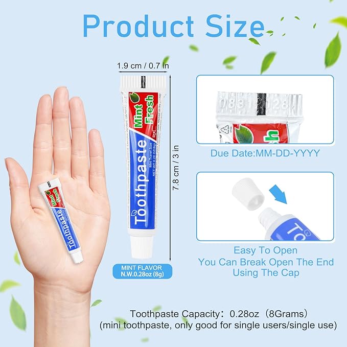 HOIQIRY 0.28 oz Small Travel Size Toothpast Bulk - Pack of 50,Disposable Mint Flavor 0.8x3.14 inches Single Use Mini Toothpaste for Hotel,Camping,Homeless,Charity,Guests,Office,Vacation