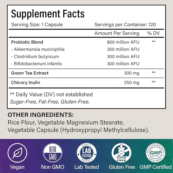 120 Probiotic Capsules - 900 Million AFU of Akkermansia, Clostridium, Bifidobacterium | with Chicory Inulin, Green Tea Extract | Vegan, Non-GMO, Gluten-Free