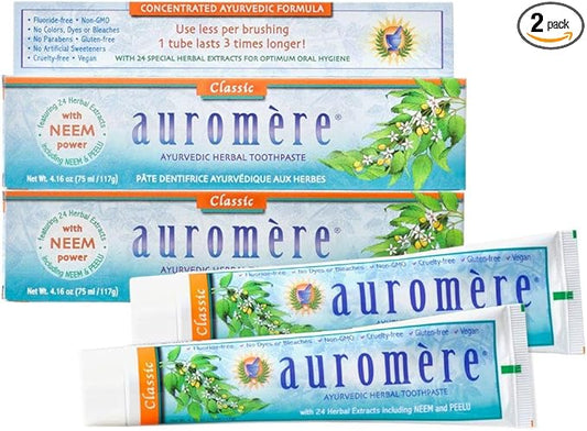 Auromere Ayurvedic Herbal Toothpaste, Classic Licorice Flavour - Vegan, Natural, Non GMO, Fluoride Free, Gluten Free, with Neem & Peelu (4.16 oz), 2 Pack