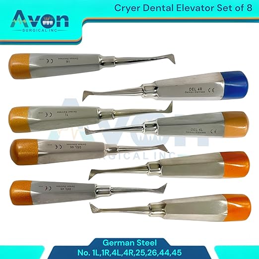 Root and Tooth Extraction Dental Cryer Elevator Pick, Sharp Angled Tip, Color-Coded Handle Ends | Autoclave-Safe German Stainless Steel Dental Instruments (8, #1L+#1R+#4L+#4R+#25+#26+#44+#45 - Set)