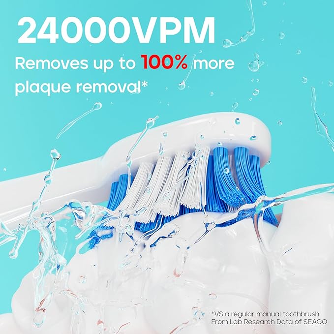 SEAGO SG-505 Travel Electric Toothbrush, Portable Toothbrush, 24,000 VPM, IPX7 Waterproof, 8 Brush Heads (Soft & Tilted Bristles), Battery-Powered for Adults, On-The-Go (Thai Design, Made in Thailand)